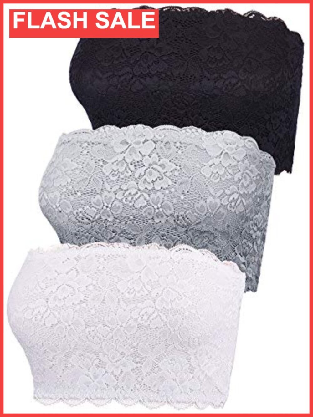 Lace Bandeau Tube Top 3 Pack Floral Strapless Wire Free Light Support